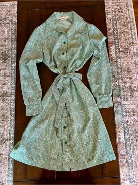 Vintage 70s Country Miss Green White Shirt Dress Belted Cottagecore 12